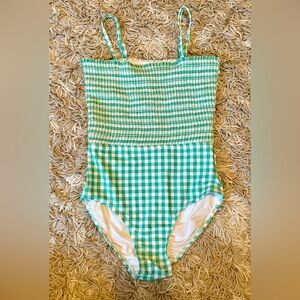 Old Navy Green Gingham Smocked One-Piece Swimsuit Large 10/12 EUC